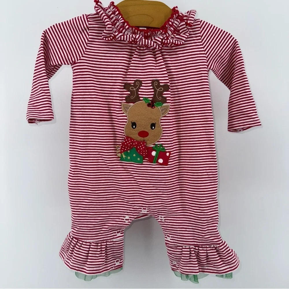 Bonnie Baby Red Striped Reindeer Baby Romper